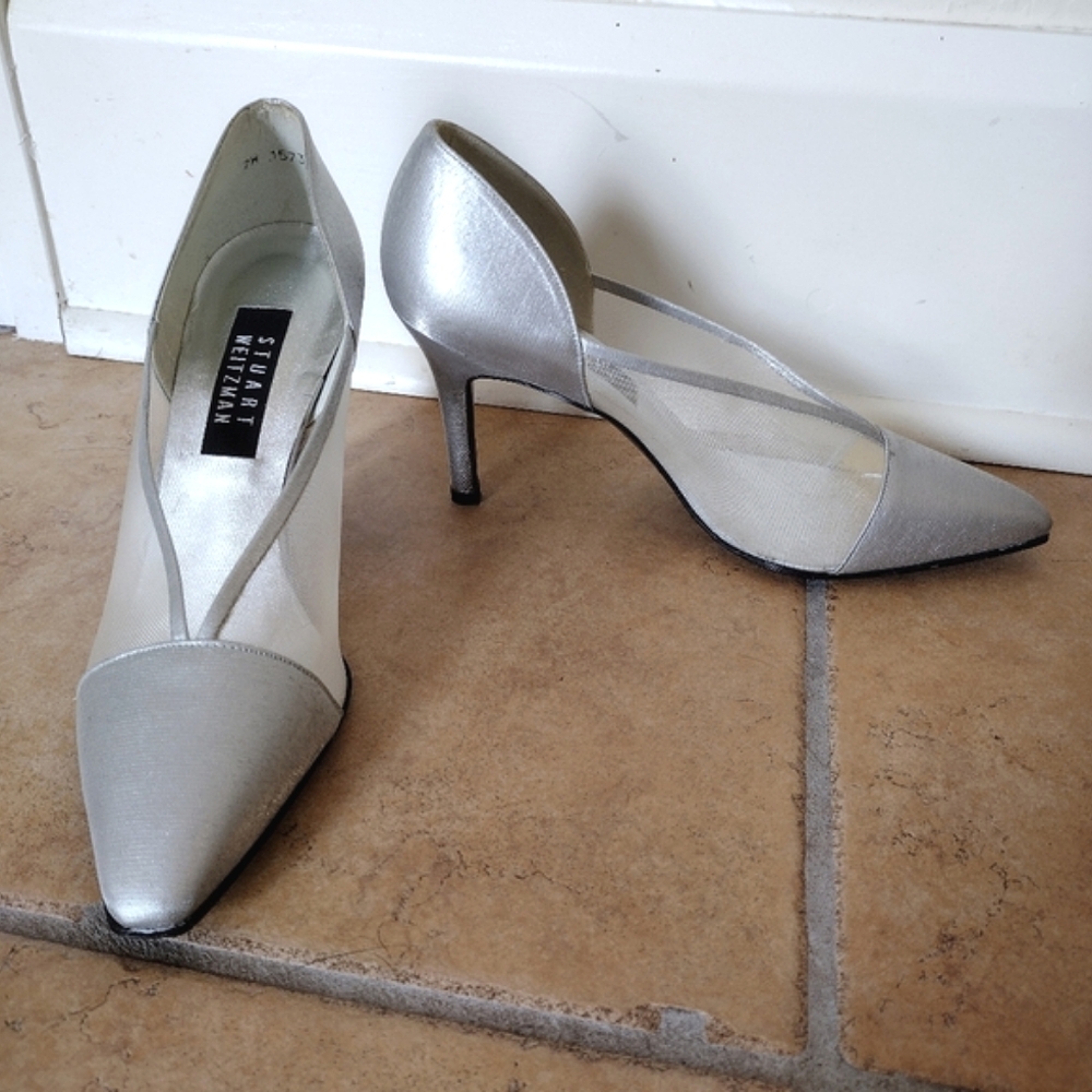Stuart Weitzman Silver Satin Mesh D'Orsay Heels Women's Size 8.5